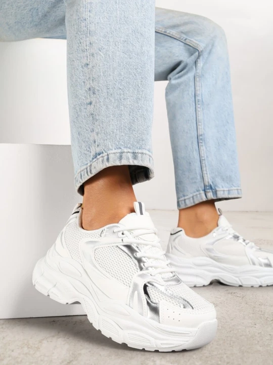 Zdjęcie produktu Biało-Srebrne Sneakersy Vices na Platformie Ozdobione Tłoczeniem Natiselle