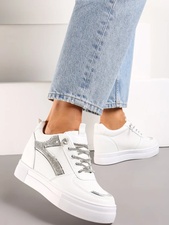 Zdjęcie produktu Biało-Srebrne Sneakersy ze Wstawką z Cyrkonii na Ukrytym Koturnie Hricane