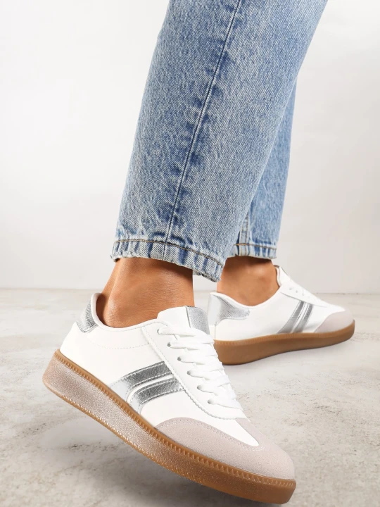 Zdjęcie produktu Biało-Srebrne Sznurowane Sneakersy Tenisówki z Kauczukową Podeszwą Gialessa