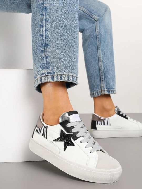 Zdjęcie produktu Biało-Szare Sneakersy na Grubej Podeszwie Zdobione Brokatem Felthara