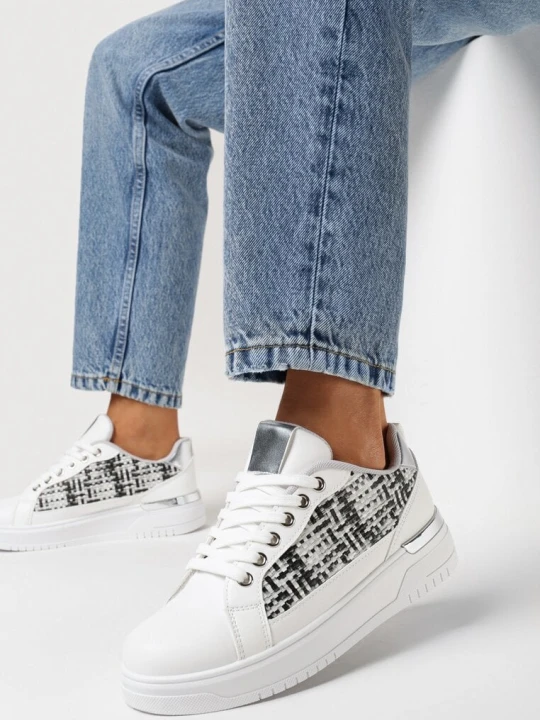 Zdjęcie produktu Biało-Szare Sneakersy z Tweedową Wstawką Ecafa