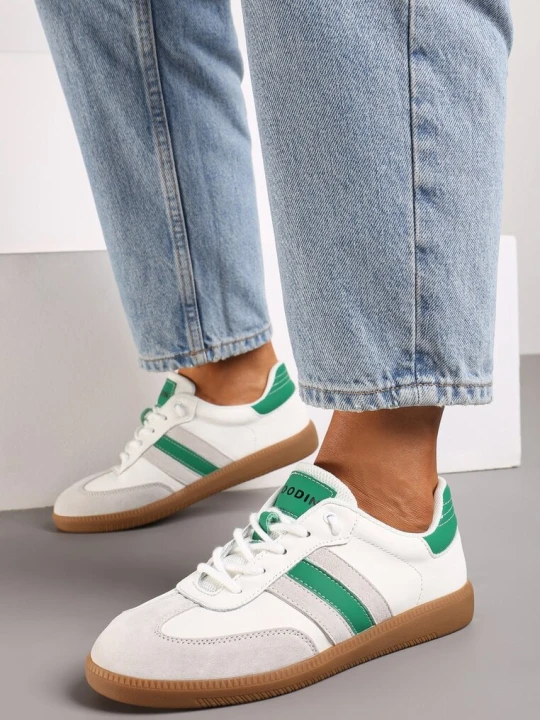 Zdjęcie produktu Biało-Zielone Płaskie Skórzane Sneakersy Ozdobione Paskami Navilen