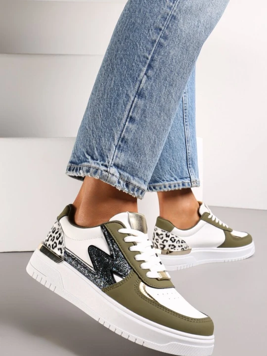 Zdjęcie produktu Biało-Zielone Płaskie Sneakersy z Metalową i Brokatową Wstawką Nebritta