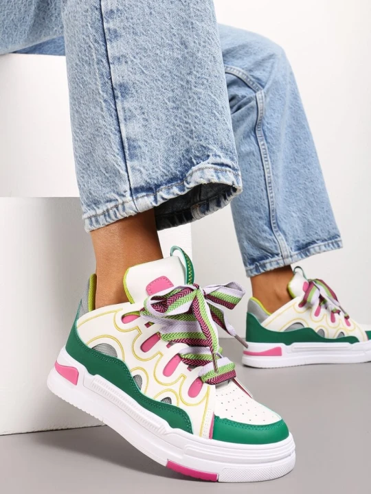 Zdjęcie produktu Biało-Zielone Sneakersy na Grubej Podeszwie z Ozdobnymi Sznurówkami Theist