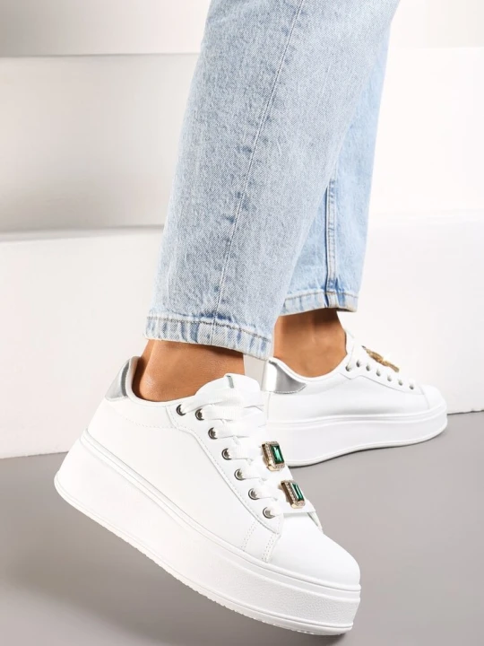 Zdjęcie produktu Biało-Zielone Sneakersy na Platformie z Odpinanymi Zawieszkami Przy Sznurówkach Harhi