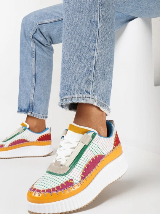 Zdjęcie produktu Biało-Zielone Sneakersy z Patchworkową Cholewką i Tłoczoną Platformą Geridia
