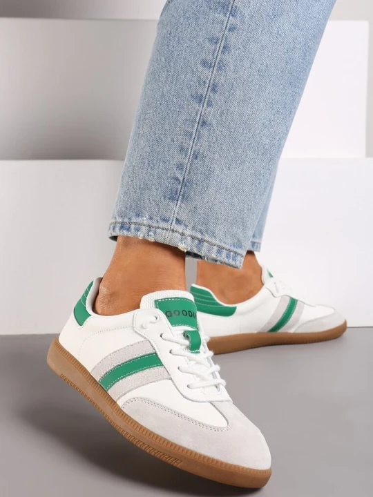 Zdjęcie produktu Biało-Zielone Sneakersy ze Skóry Naturalnej na Płaskiej Podeszwie Wykończone Paskami Navinda