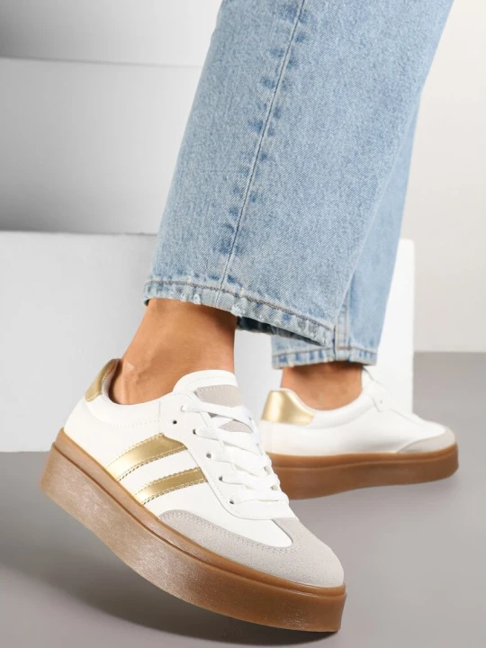 Zdjęcie produktu Biało-Złote Klasyczne Sneakersy Tenisówki na Niskiej Platformie Denirla Romanciaga