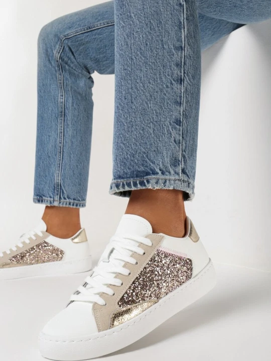 Zdjęcie produktu Biało-Złote Kolorowe Sneakersy z Brokatową Wstawką i Sznurowaniem Livora