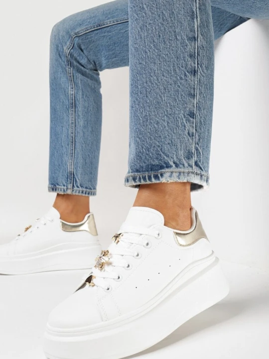 Zdjęcie produktu Biało-Złote Sneakersy na Platformie Ariadi