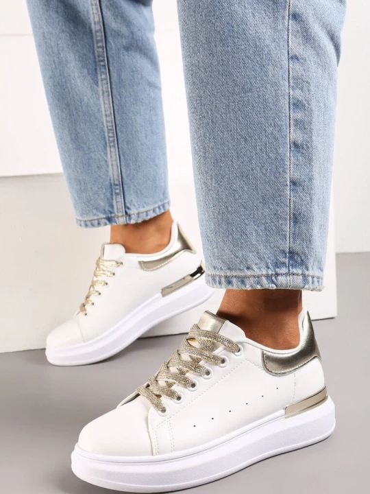 Zdjęcie produktu Biało-Złote Sneakersy na Platformie z Metaliczną Wstawką i Brokatowymi Sznurówkami Wuriana