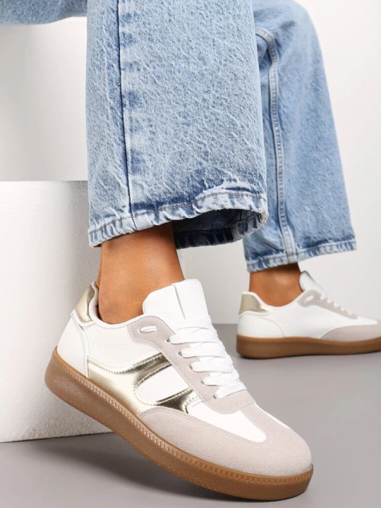 Zdjęcie produktu Biało-Złote Sneakersy Tenisówki na Kauczukowej Podeszwie Ondriama