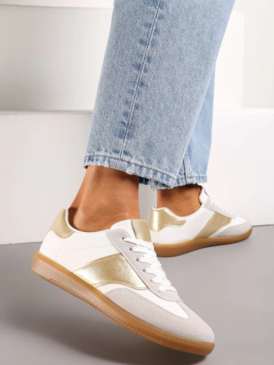 Zdjęcie produktu Biało-Złote Sneakersy Tenisówki o Klasycznym Fasonie Do Kostki Satrama