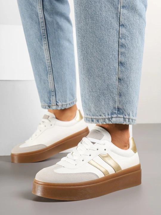 Zdjęcie produktu Biało-Złote Sneakersy w Stylu Kultowych Tenisówek na Grubej Podeszwie Carilne Romanciaga