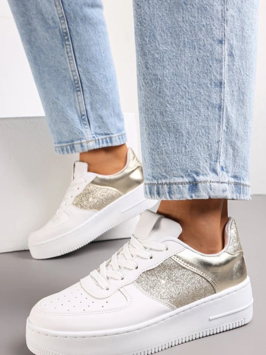 Zdjęcie produktu Biało-Złote Sneakersy z Cholewką przed Kostkę z Metalicznymi i Brokatowymi Wstawkami Kazma