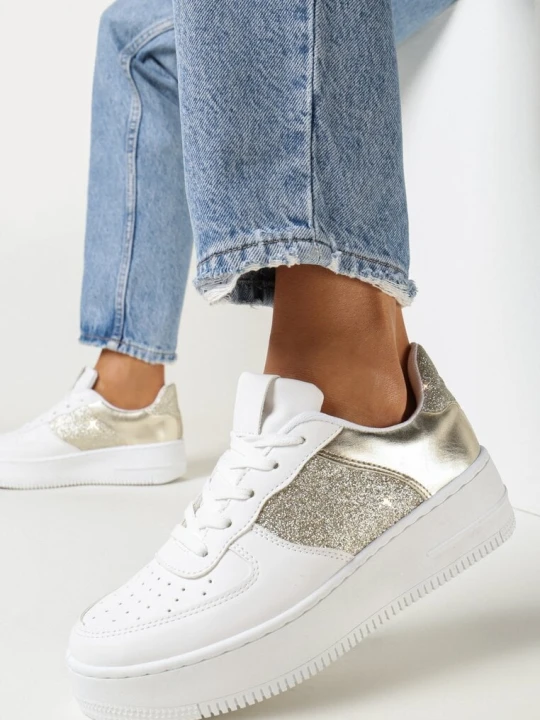 Zdjęcie produktu Biało-Złote Sznurowane Sneakersy na Płaskiej Podeszwie z Brokatowymi Wstawkami Dezia