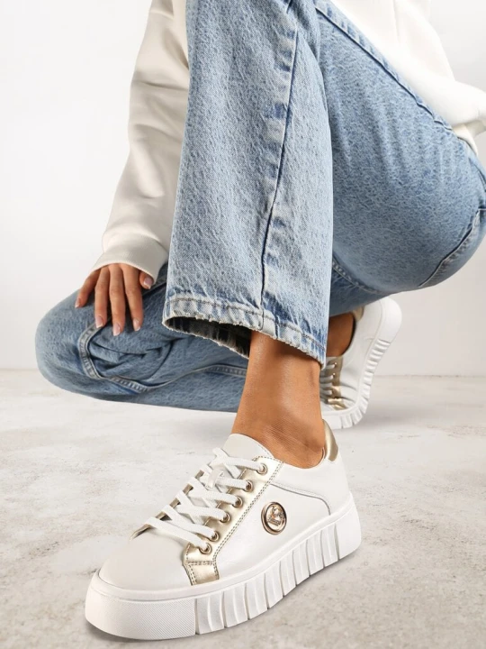 Zdjęcie produktu Biało-Złote Sznurowane Sneakersy Vices na Platformie z Tłoczeniem i Metaliczną Aplikacją Lavfedi