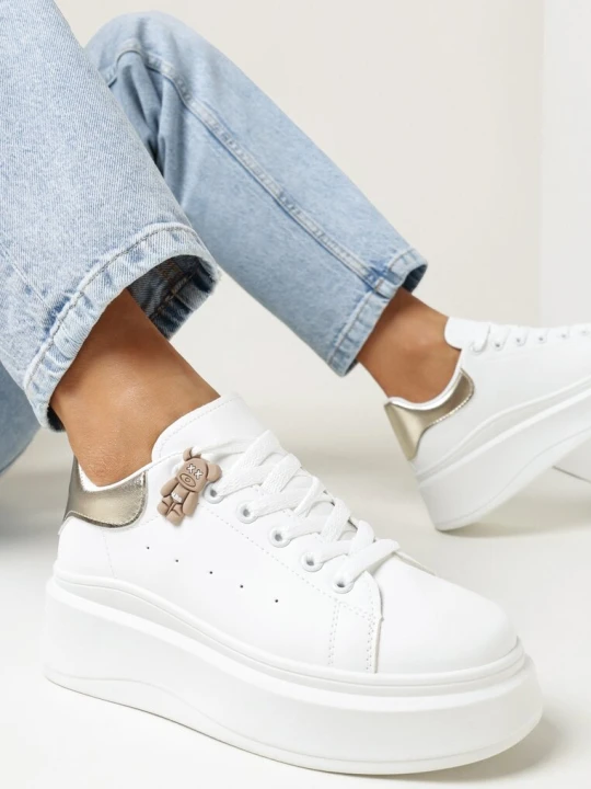 Zdjęcie produktu Biało-Złote Wiązane Sneakersy na Grubej Platformie z Cholewką przed Kostkę Auture
