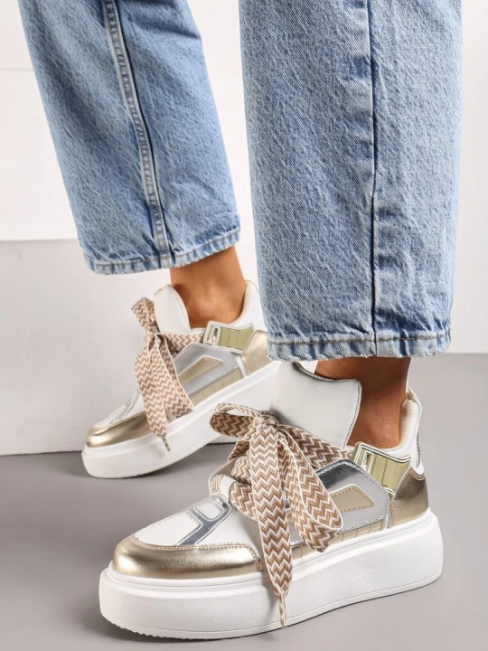 Zdjęcie produktu Białol-Złote Sneakersy na Grubej Podeszwie z Ozdobnymi Sznurówkami Edidda