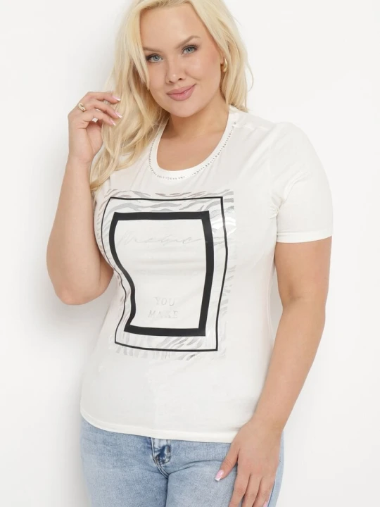 Zdjęcie produktu Biały Bawełniany T-shirt Koszulka z Krótkim Rękawem Ozdobiona Nadrukiem i Cyrkoniami Codara Glo-story