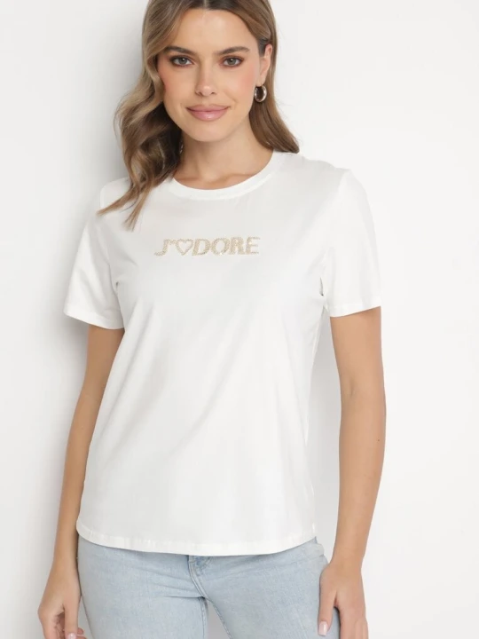 Zdjęcie produktu Biały Bawełniany T-shirt Ozdobiony Napisem Nalaviraen Defox