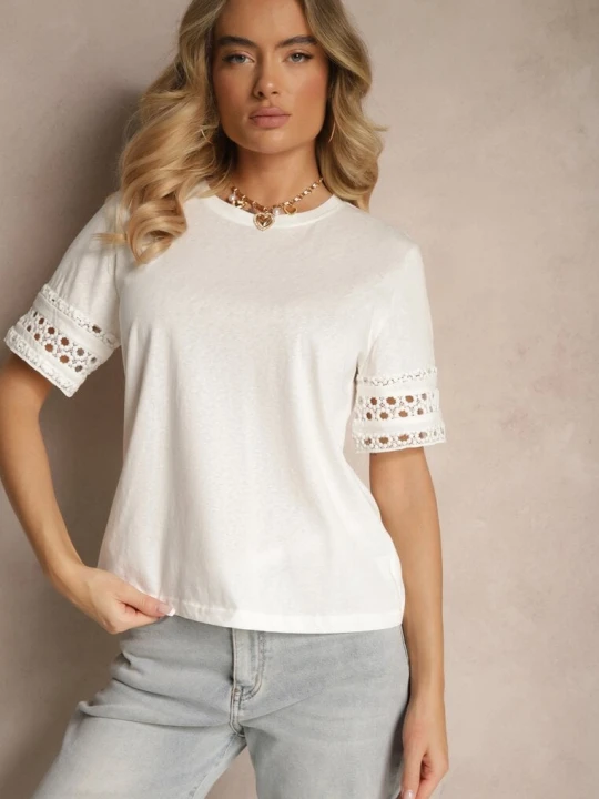 Zdjęcie produktu Biały Bawełniany T-shirt z Ażurowymi Rękawkami Zolreia