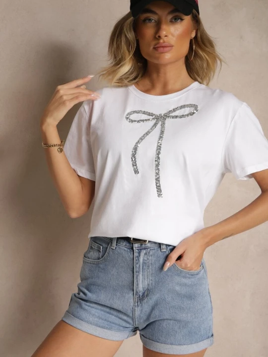 Zdjęcie produktu Biały Bawełniany T-shirt z Cekinową Aplikacją w Kształcie Kokardy Tenuria Glo-story