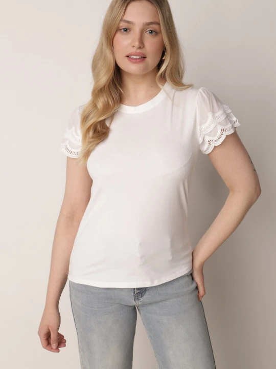 Zdjęcie produktu Biały Bawełniany T-shirt z Koronkowymi Rękawami Carilynore Ambitionfly