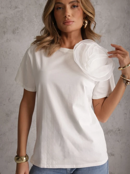 Zdjęcie produktu Biały Bawełniany T-shirt z Krótkim Rękawem i Ozdobnym Kwiatem Krissas Retro & Icone