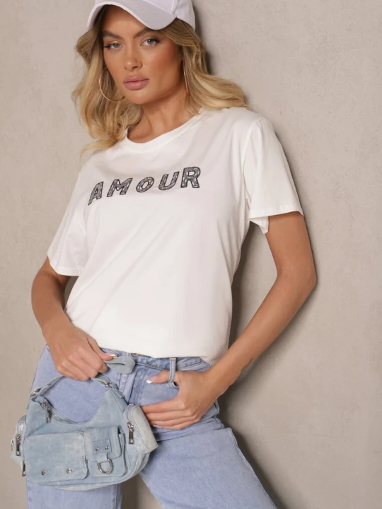 Zdjęcie produktu Biały Bawełniany T-shirt z Napisem z Cekinami Marivinna Defox
