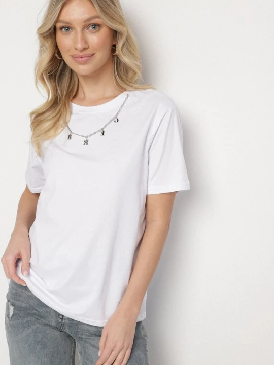 Zdjęcie produktu Biały Bawełniany T-shirt z Odpinanym Łańcuszkiem Imitującym Naszyjnik Mohna Glo-story