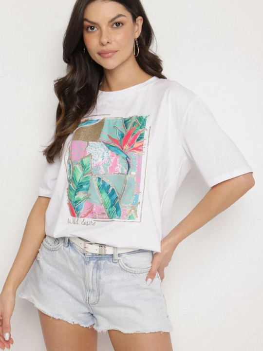 Zdjęcie produktu Biały Bawełniany T-shirt z Ozdobnym Nadrukiem Delmari Glo-story