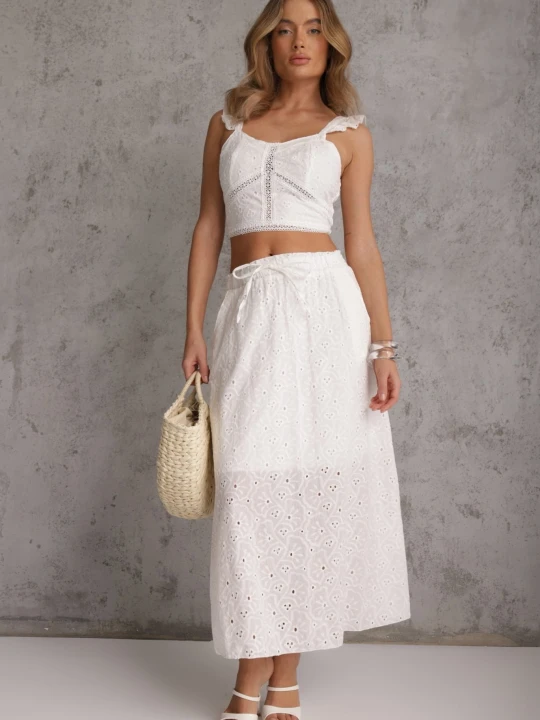 Zdjęcie produktu Biały Boho Komplet Top Koronkowy na Ramiączkach Spódnica z Gumką w Pasie Evoolia