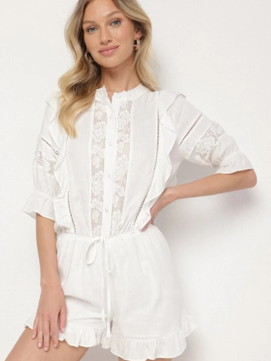 Zdjęcie produktu Biały Kombinezon z Lnu i Wiskozy w Stylu Boho z Falbankami i Koronką Linalisse Bisou's Project
