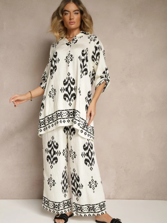 Zdjęcie produktu Biały Komplet z Wiskozą Koszula i Spodnie Zdobione Etnicznym Printem Mepina M&d Fashion