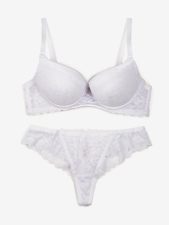 Zdjęcie produktu Biały Koronkowy Komplet Bielizny Biustonosz Usztywniony Push Up i Stringi Jasminesa