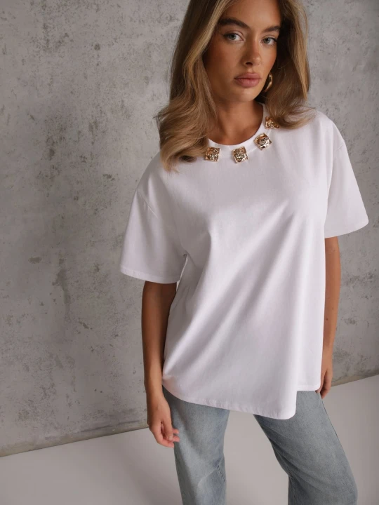 Zdjęcie produktu Biały Oversizowy T-shirt z Bawełny Zdobiony Kwadratowymi Aplikacjami Evesilea Yu & Me