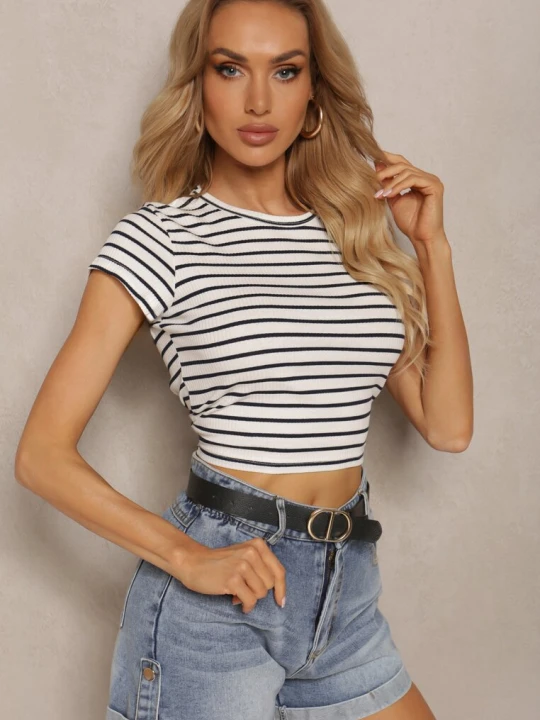 Zdjęcie produktu Biały Prążkowany T-shirt z Bawełny o Krótkim Kroju Zolira Metro Five