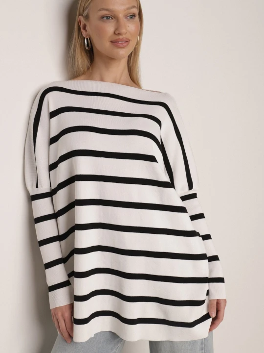 Zdjęcie produktu Biały Sweter Oversize w Paski z Rękawami Nietoperz Caelania Elsa.m By May