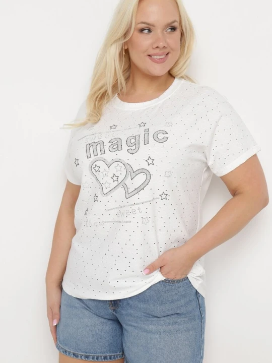 Zdjęcie produktu Biały T-shirt Ażurowy z Ozdobnymi Cyrkoniami Cevola J&x