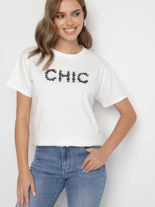 Zdjęcie produktu Biały T-shirt Bawełniany z Napisem i Perełkami Nalinor Defox
