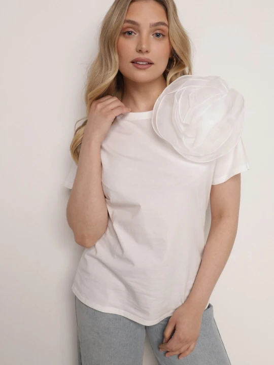 Zdjęcie produktu Biały T-shirt Koszulka z Krótkim Rękawem i Aplikacją w Kształcie Kwiatu Nestairis Retro & Icone