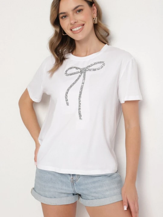 Zdjęcie produktu Biały T-shirt Oversize z Bawełny Zdobiony Kokardą z Cekinów Tenesela Glo-story