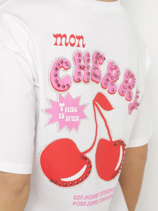 Zdjęcie produktu Biały T-shirt z Bawełną Cyrkoniami i Motywem Wiśni Linmira Elsa.m By May