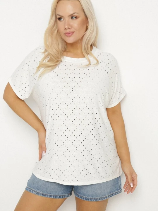 Zdjęcie produktu Biały T-shirt z Bawełną i Ażurowym Wzorem Puzira J&x
