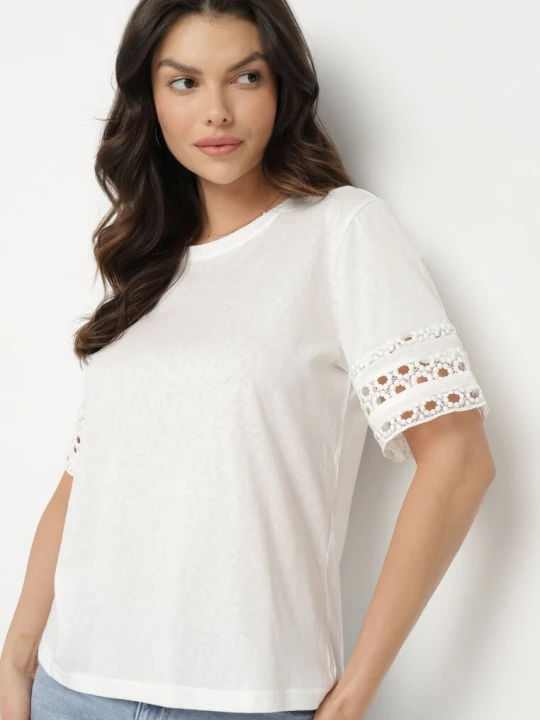 Zdjęcie produktu Biały T-shirt z Bawełny Ozdobiony Ażurowym Wzorem Valreia