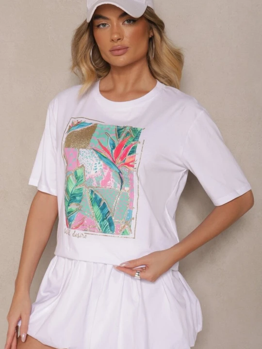 Zdjęcie produktu Biały T-shirt z Bawełny Ozdobiony Brokatem Isadelle Glo-story