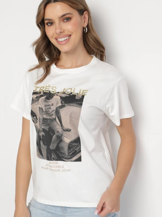 Zdjęcie produktu Biały T-shirt z Bawełny Ozdobiony Nadrukiem i Brokatem Marionel Defox