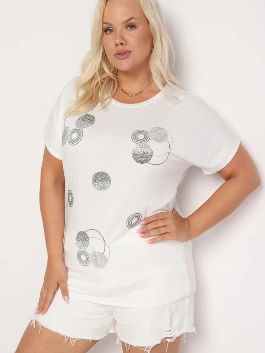Zdjęcie produktu Biały T-shirt z Bawełny Wykończony Cyrkoniami Krissianne Generation