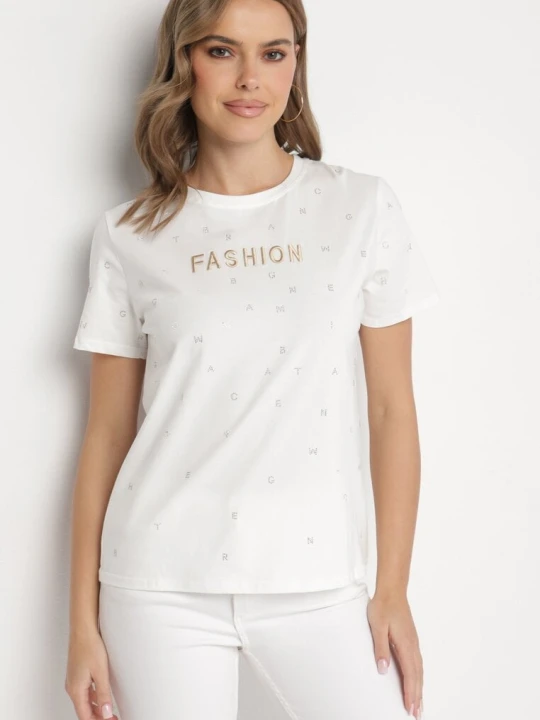 Zdjęcie produktu Biały T-shirt z Bawełny z Cyrkoniami i Napisem Nalanielle Defox